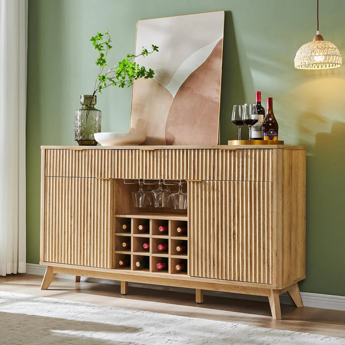 60"W Wine Coffee Bar Cabinet Natural Weathered Finish With 3 Drawers