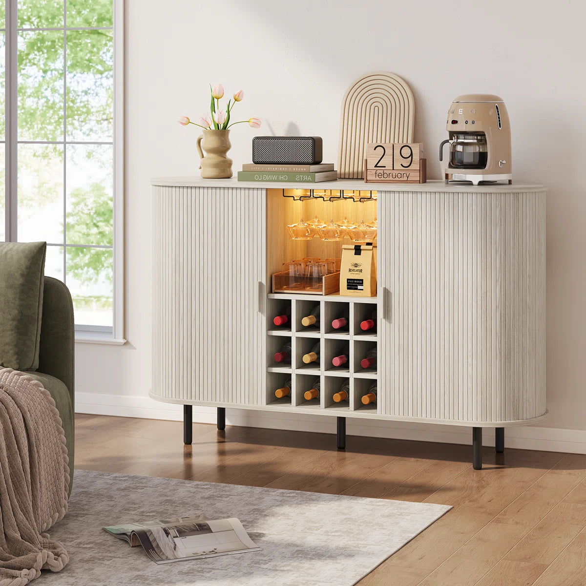 54.6'' Modern Bar Cabinet With Adjustable Shelves & RGB Lights