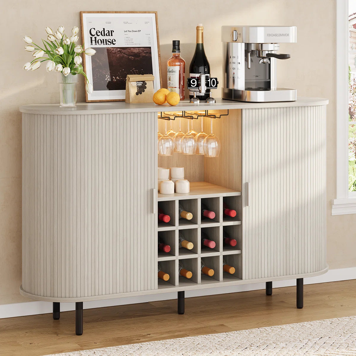 54.6'' Modern Bar Cabinet With Adjustable Shelves & RGB Lights