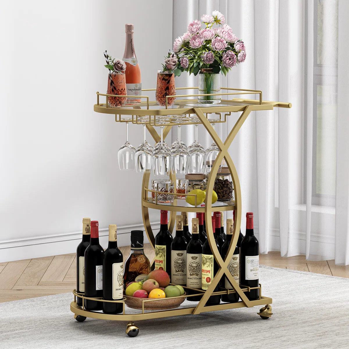 Bairoil Metal 3 Tiers Bar Cart with Wine Glass Storage