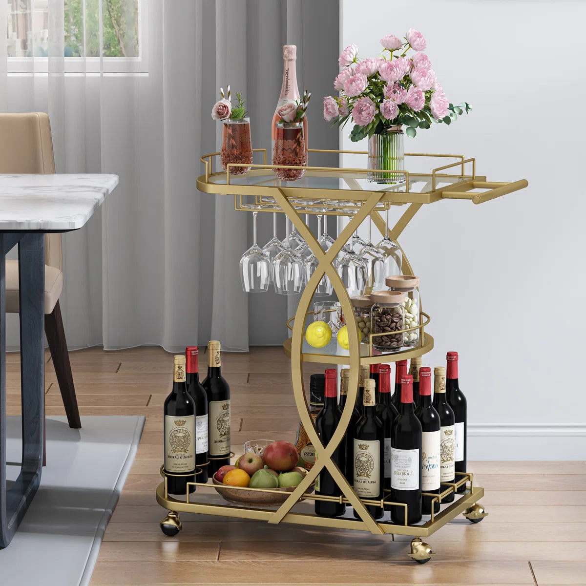 Bairoil Metal 3 Tiers Bar Cart with Wine Glass Storage