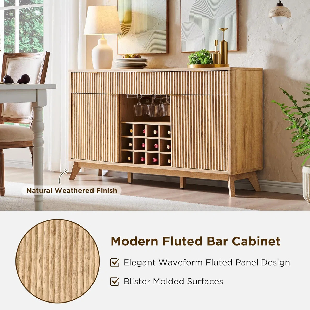 60"W Wine Coffee Bar Cabinet Natural Weathered Finish With 3 Drawers