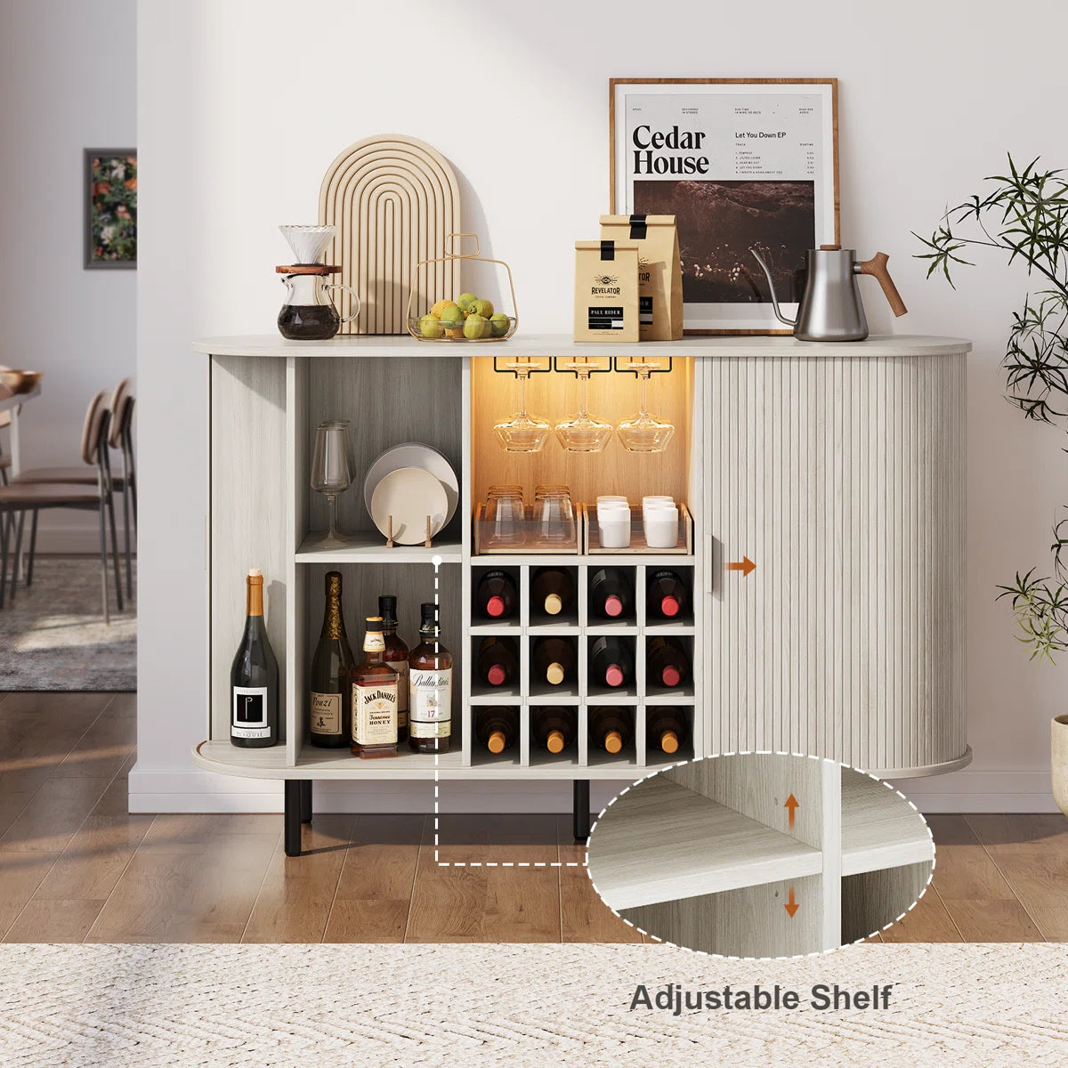 54.6'' Modern Bar Cabinet With Adjustable Shelves & RGB Lights