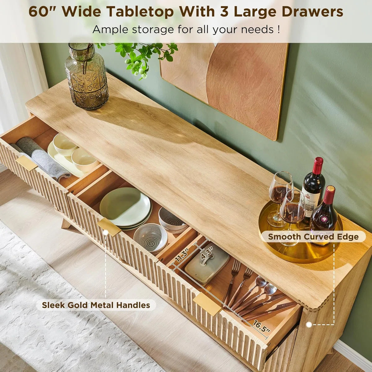 60"W Wine Coffee Bar Cabinet Natural Weathered Finish With 3 Drawers