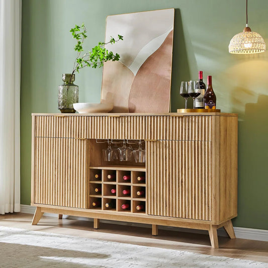 60"W Wine Coffee Bar Cabinet Natural Weathered Finish With 3 Drawers