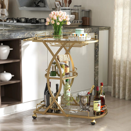 Bairoil Metal 3 Tiers Bar Cart with Wine Glass Storage