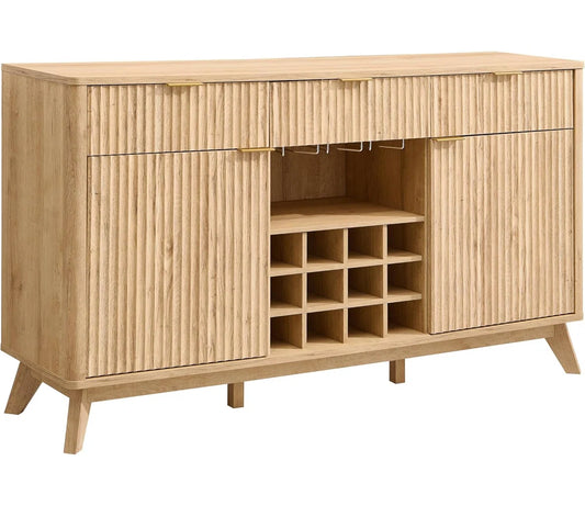 60"W Wine Coffee Bar Cabinet Natural Weathered Finish With 3 Drawers
